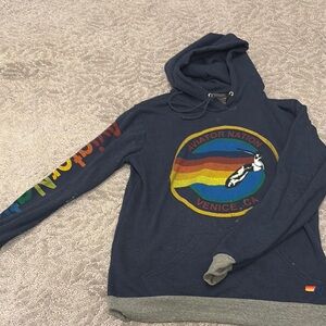 Aviator Nation Blue and Gray Sweater with Rainbow Graphic